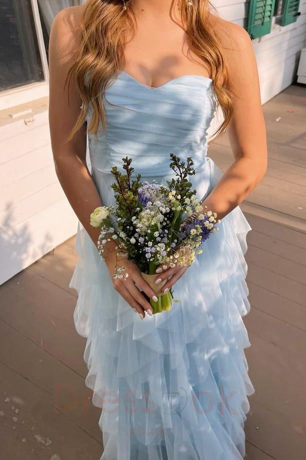 Strapless Light Blue A Line Long Prom Dress Sweetheart Party Dress with Ruffles