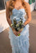 Strapless Light Blue A Line Long Prom Dress Sweetheart Party Dress with Ruffles