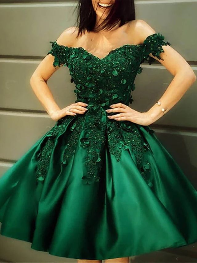 Short Sleeves Green A Line Short Prom Dress, Satin Homecoming Dress