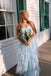 Strapless Light Blue A Line Long Prom Dress Sweetheart Party Dress with Ruffles