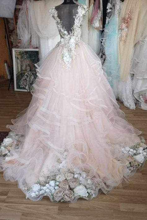 Gergous Prom Dress V Neck Tulle Wedding Dress With 3D Floral Appliques