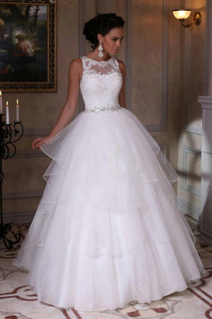 Sleeveless Tulle Organza Wedding Dresses With Applique, Beaded Ball Gown