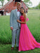 Strapless Hot Pink A Line Tulle Long Prom Party Dresses With Feather