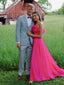 Strapless Hot Pink A Line Tulle Long Prom Party Dresses With Feather