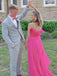 Strapless Hot Pink A Line Tulle Long Prom Party Dresses With Feather