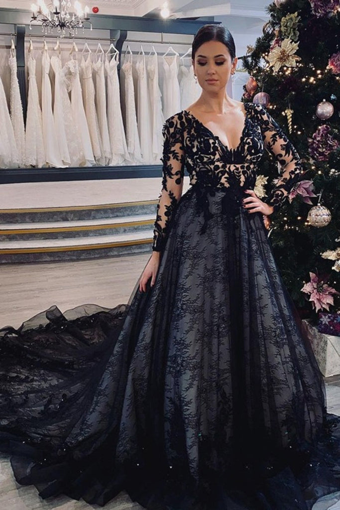 A-Line Black Court Train Lace Applique Long Prom Dress with Long Sleeves