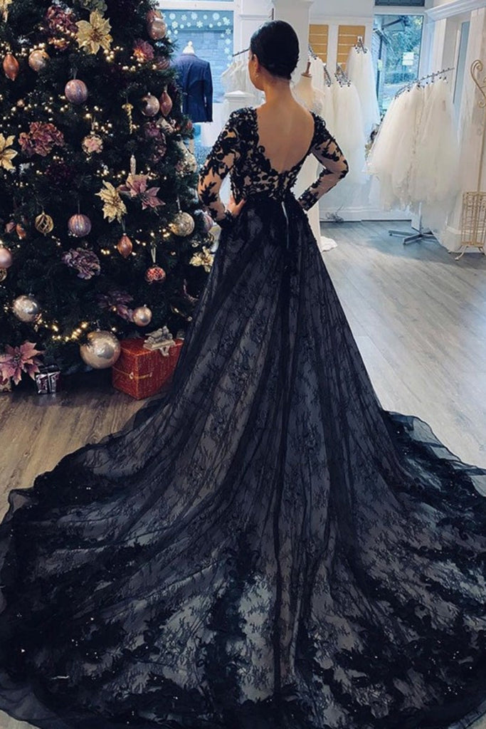 A-Line Black Court Train Lace Applique Long Prom Dress with Long Sleeves