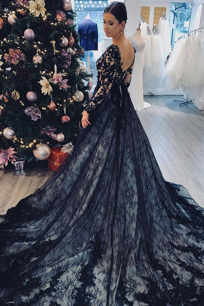 A-Line Black Court Train Lace Applique Long Prom Dress with Long Sleeves