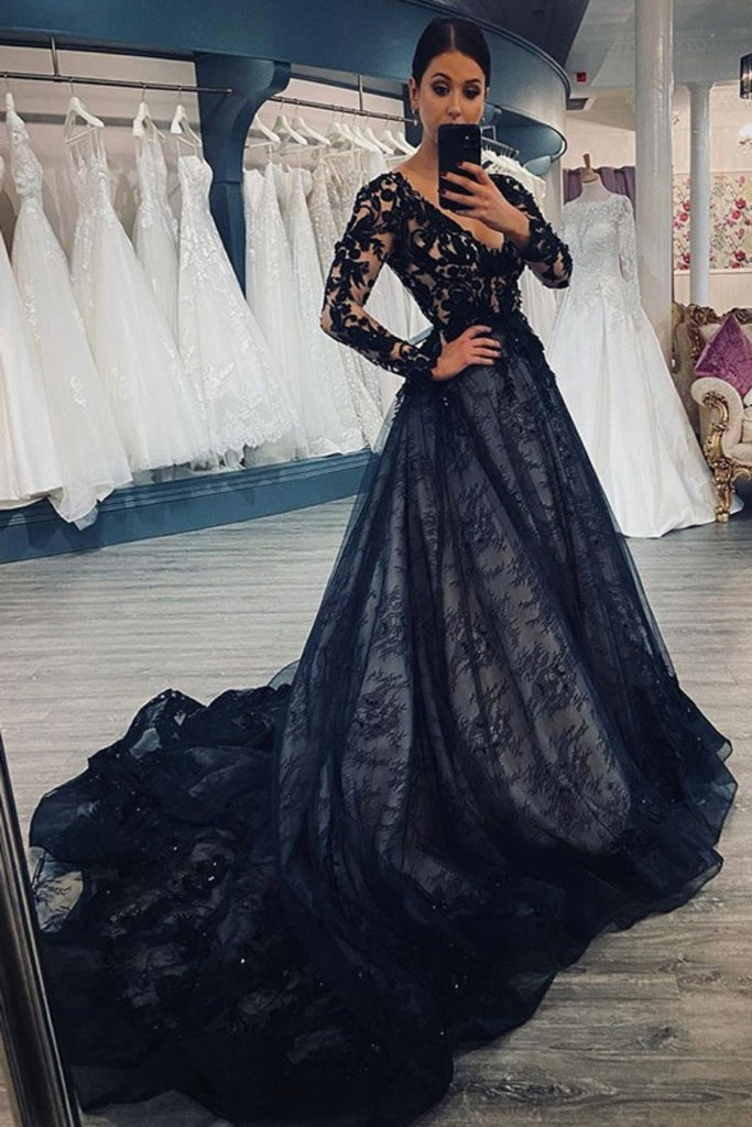 A-Line Black Court Train Lace Applique Long Prom Dress with Long Sleeves