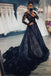 A-Line Black Court Train Lace Applique Long Prom Dress with Long Sleeves