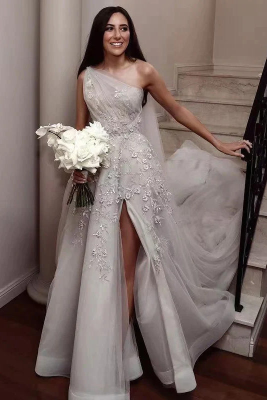 One Shoulder Gray A Line Princess Applique Wedding Dresses With Slit