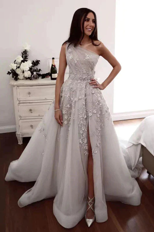 One Shoulder Gray A Line Princess Applique Wedding Dresses With Slit