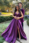 V Neck Purple A Line Satin Backless Long Prom Party Dresses With Slit