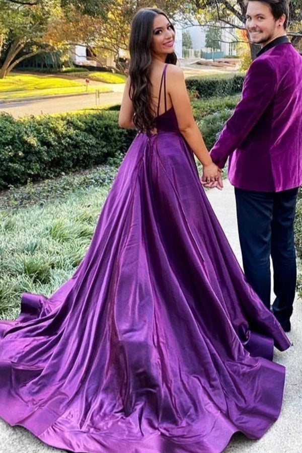 V Neck Purple A Line Satin Backless Long Prom Party Dresses With Slit