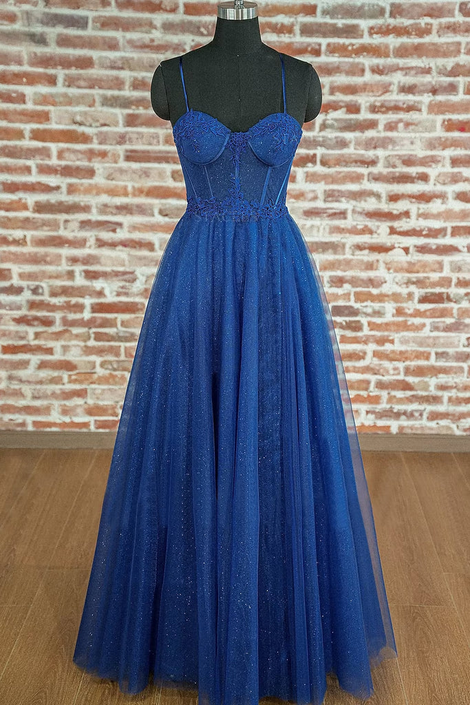 Spaghetti Straps Sparkly Sweetheart Long Prom Dress with Appliques Pleats