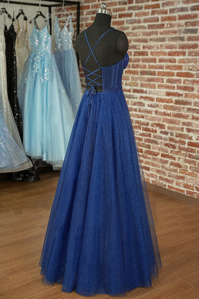 Spaghetti Straps Sparkly Sweetheart Long Prom Dress with Appliques Pleats