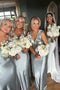 V-neck Silver Satin Long Bridesmaid Dresses with Bowtie