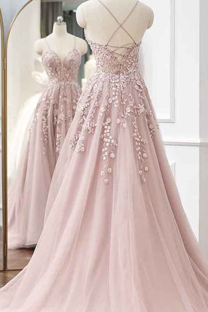 Spaghetti Straps Pink Princess Tulle A Line Long Prom Dress with Beaded