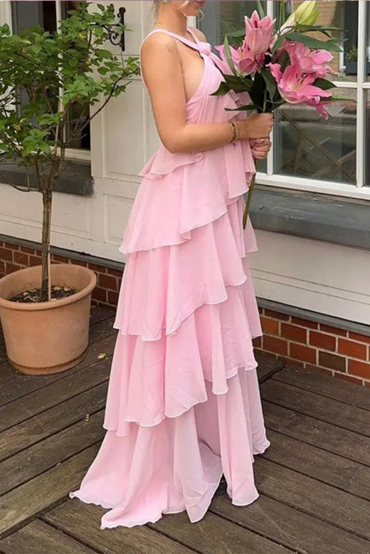 Elegant Pink Halter A Line Evening Dress, Ruffles Backless Prom Dress