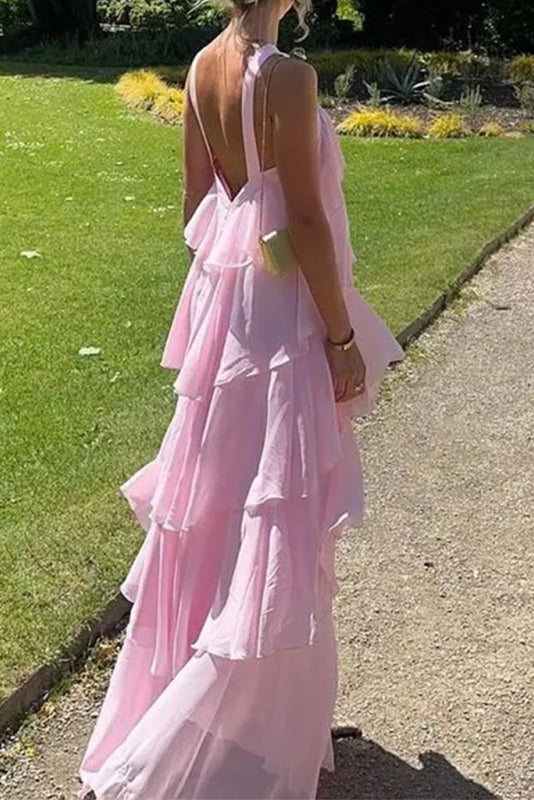 Elegant Pink Halter A Line Evening Dress, Ruffles Backless Prom Dress