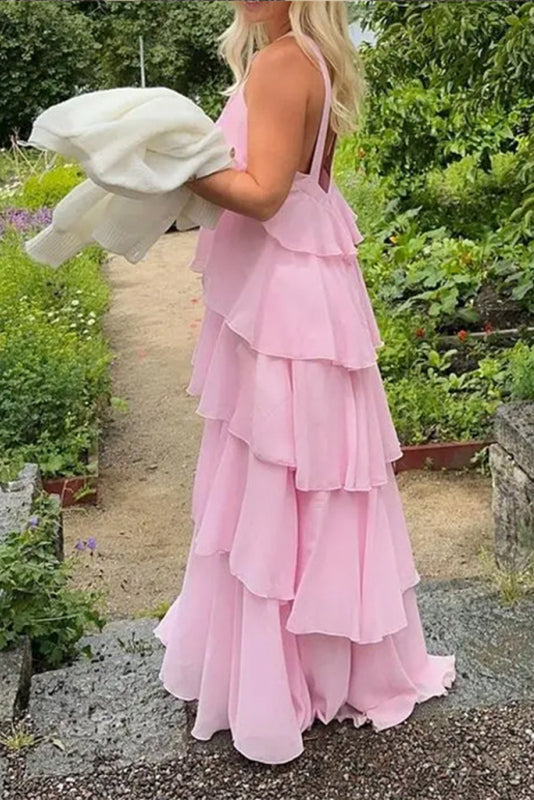 Elegant Pink Halter A Line Evening Dress, Ruffles Backless Prom Dress