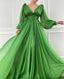 A Line Green V Neck Sweep Train Chiffon Long Prom Dresses With Ruffles