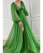 A Line Green V Neck Sweep Train Chiffon Long Prom Dresses With Ruffles