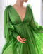 A Line Green V Neck Sweep Train Chiffon Long Prom Dresses With Ruffles