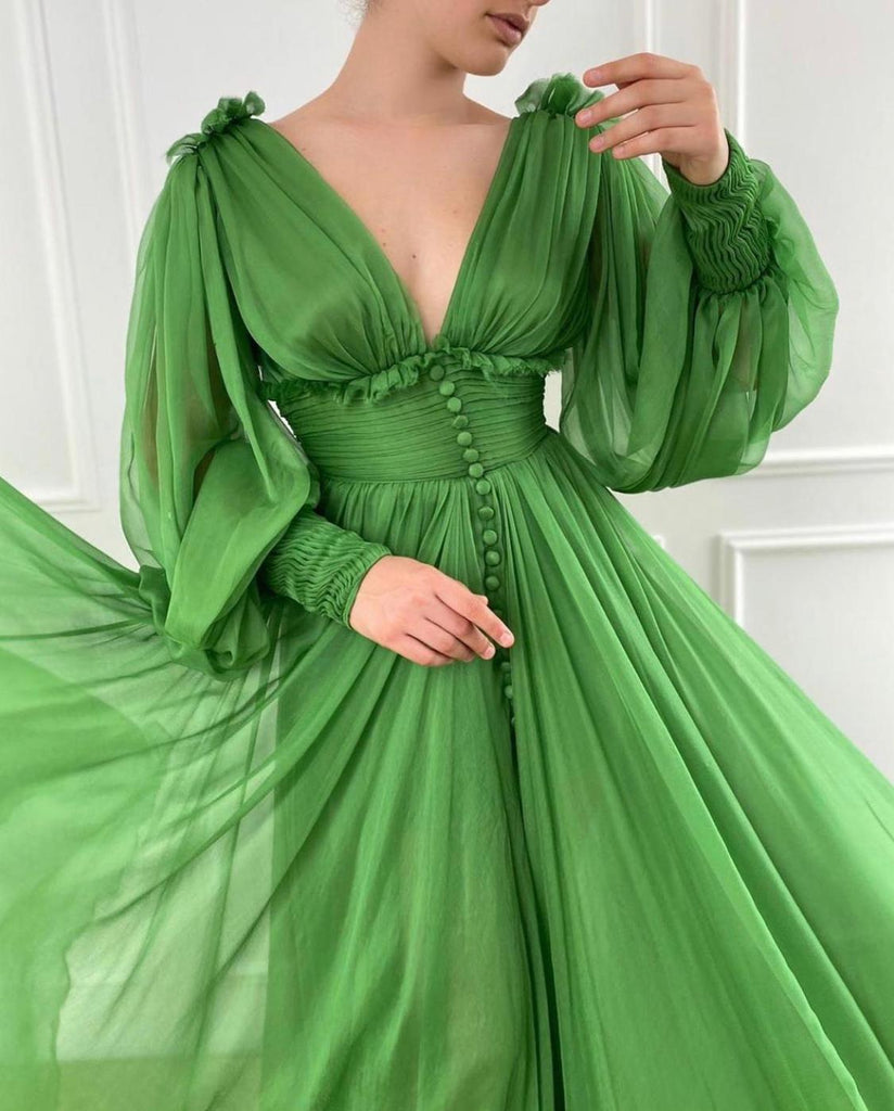 A Line Green V Neck Sweep Train Chiffon Long Prom Dresses With Ruffles