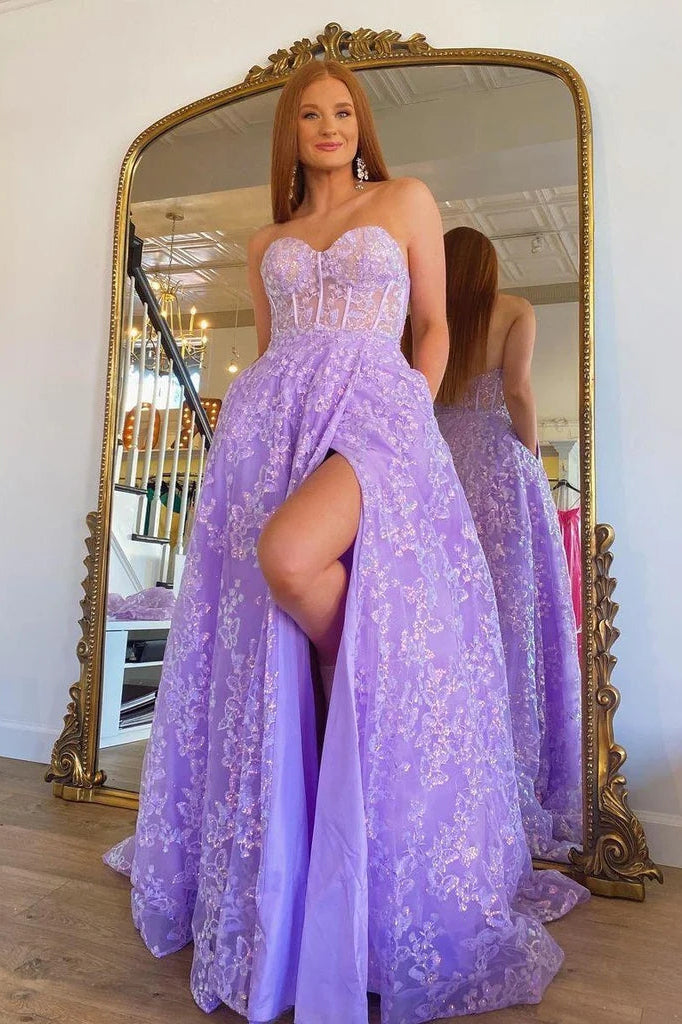 Embroidered Princess Lavender Bustier Detachable Sleeves Lace Split Long Prom Gown