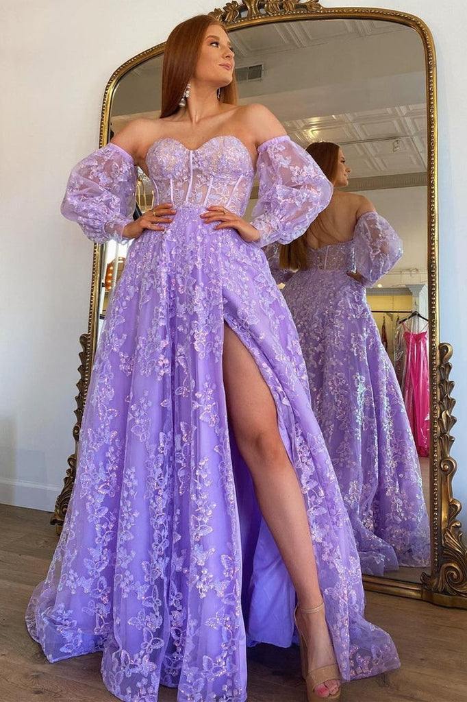 Embroidered Princess Lavender Bustier Detachable Sleeves Lace Split Long Prom Gown