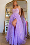 Embroidered Princess Lavender Bustier Detachable Sleeves Lace Split Long Prom Gown