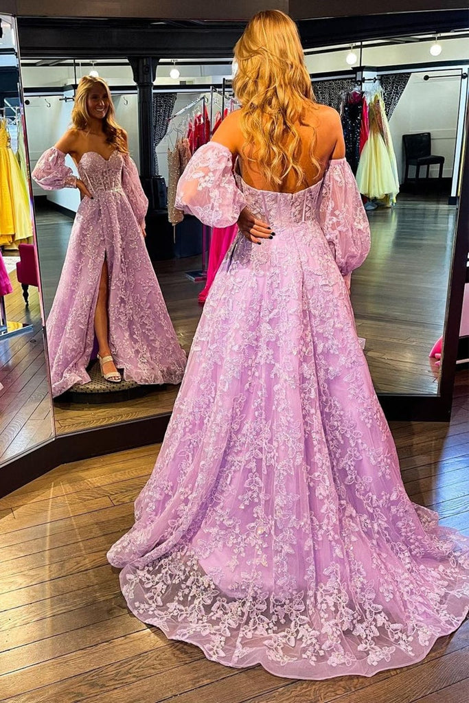 Embroidered Princess Lavender Bustier Detachable Sleeves Lace Split Long Prom Gown