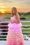 Strapless Pink A Line Tulle Long Prom Dress With Layers, Pink Tulle Sweet 16 Dress