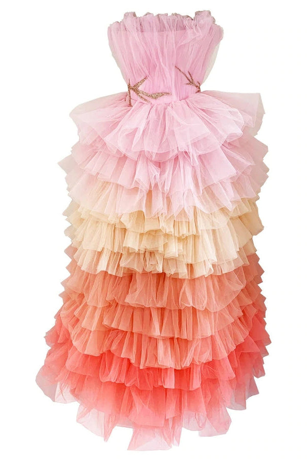 Strapless Pink A Line Tulle Long Prom Dress With Layers, Pink Tulle Sweet 16 Dress