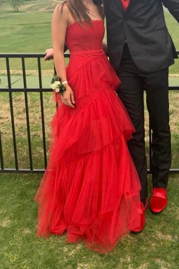 Spaghetti Straps Red A Line Tulle Princess Long Prom Dress with Ruffles