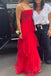 Spaghetti Straps Red A Line Tulle Princess Long Prom Dress with Ruffles