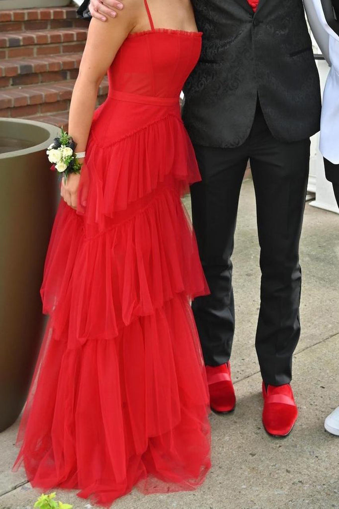 Spaghetti Straps Red A Line Tulle Princess Long Prom Dress with Ruffles