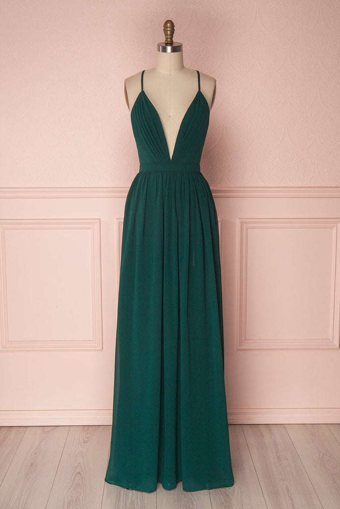 Spaghetti Straps Dark Green V Neck Chiffon Long Bridesmaid Dresses