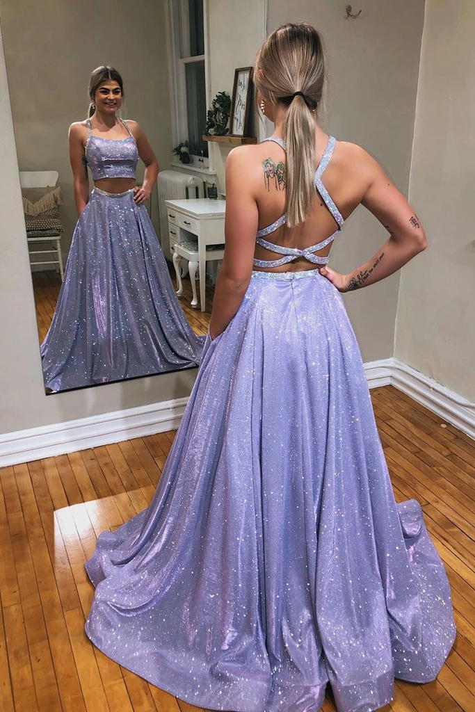 Sparkly Blue A-line Two Pieces Long Prom Dress Evening Dress With Beading