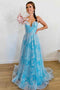 Spaghetti Straps Blue A Line Tulle Princess Long Prom Dress with Applique