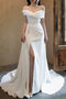 Off the Shoulder Ivory Slit A Line Long Wedding Dress With Bowknot