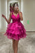 Organza Hot Pink A Line V Neck Short Homecoming Dress With Layers