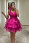 Organza Hot Pink A Line V Neck Short Homecoming Dress With Layers