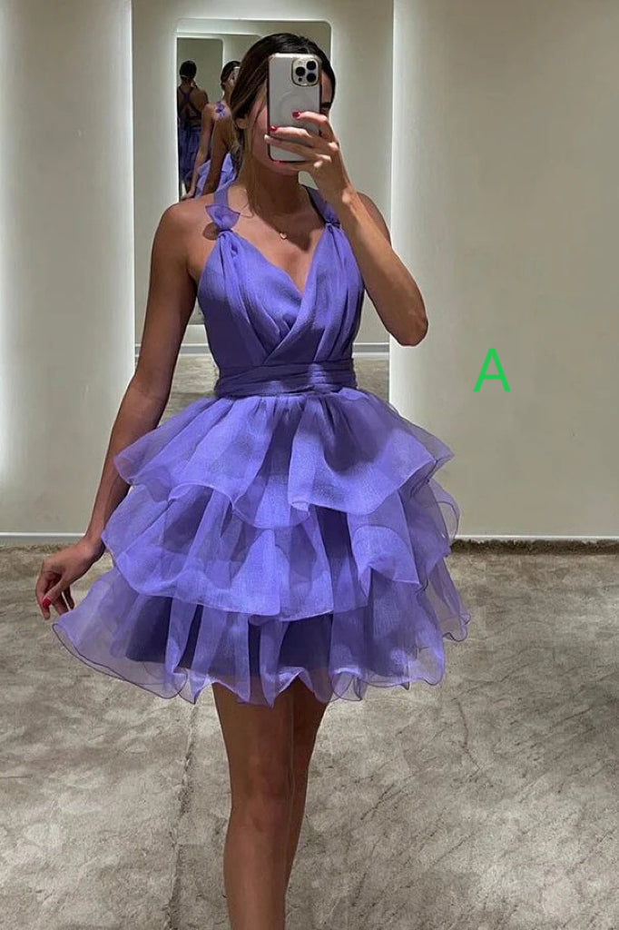 Organza Hot Pink A Line V Neck Short Homecoming Dress With Layers