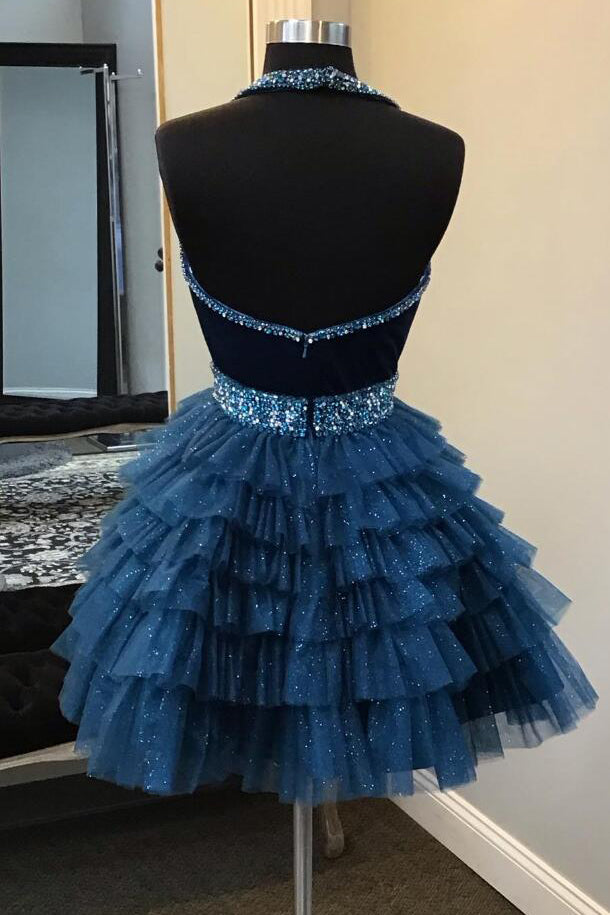 Halter Blue A Line Ruffles Short Homecoming Dress With Beading Sequins