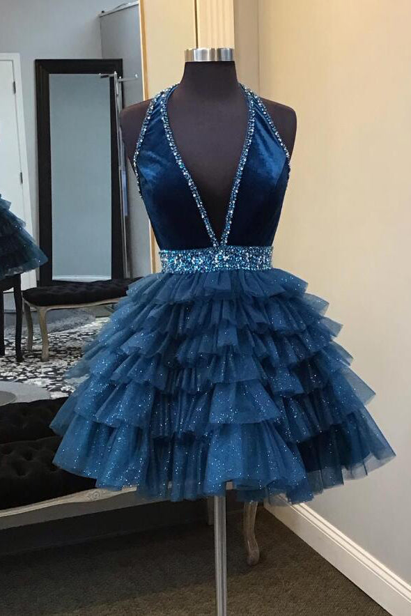 Halter Blue A Line Ruffles Short Homecoming Dress With Beading Sequins