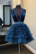 Halter Blue A Line Ruffles Short Homecoming Dress With Beading Sequins