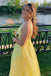 Straps Yellow A Line Lace V Neck Long Prom Dress With Appliques