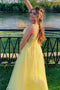 Straps Yellow A Line Lace V Neck Long Prom Dress With Appliques